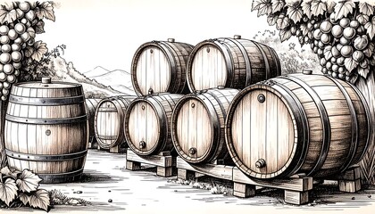 Wine barrels in vineyard setting