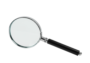 A classic-style magnifying glass with clear glass lens, polished silver metal frame, black handle on a pristine bright white studio background, concept of precision and discovery