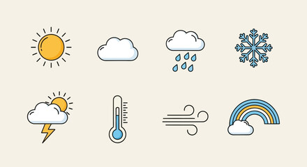 Collection of weather icons depicting sunny, cloudy, rainy, snowy, stormy, windy, and rainbow conditions.