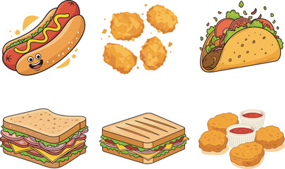 Funny Fast Food Cartoon Vector Set Featuring Sandwiches, Tacos, Hotdogs, Sausage, Nuggets with Playful Faces and Mislabeling Humor