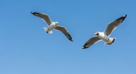 Fototapeta premium Two graceful seagulls soaring together in a clear blue sky.