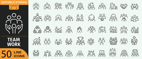 Teamwork and collaboration concept with business team line icons set