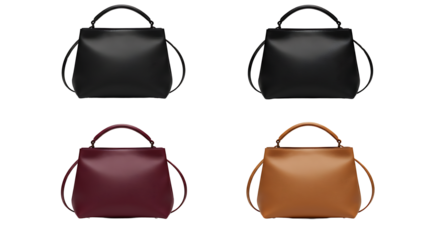 Four Stylish Handbags in Various Colors Black, Burgundy, and Tan Leather Totes with Top Handles