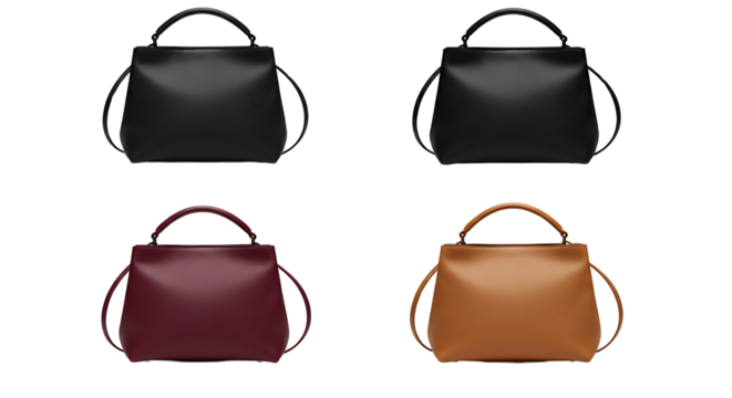 Four Stylish Handbags in Various Colors Black, Burgundy, and Tan Leather Totes with Top Handles