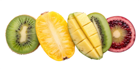 tropical fruits slices. Fresh exotic fruits cut in half maracuja, kiwi, mangosteen, pineapple, dragon fruit in a row on white background