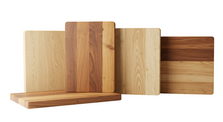 A collection of various wooden cutting boards arranged against a white background, showcasing different wood grains and finishes