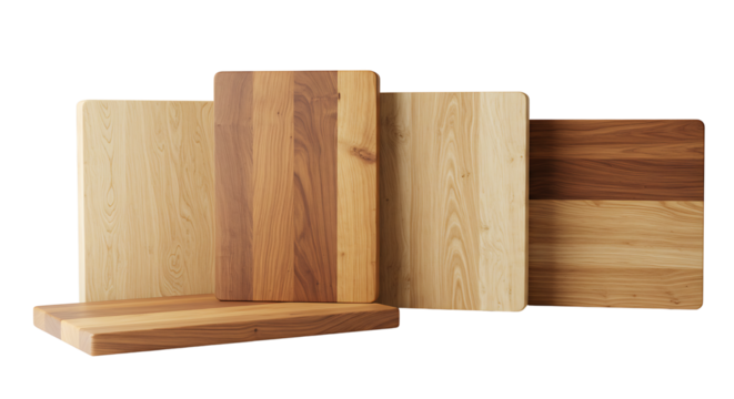 A collection of various wooden cutting boards arranged against a white background, showcasing different wood grains and finishes