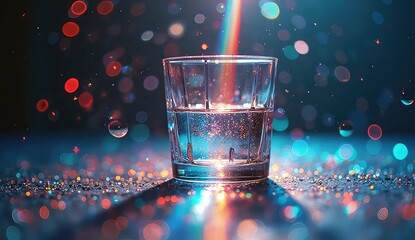 Sparkling clear water in glass catches vibrant rainbow light amidst bokeh magic
