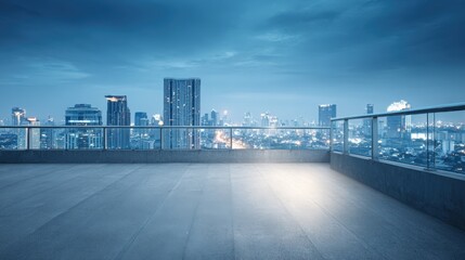 Obraz premium Cityscape Panorama from Modern Rooftop Terrace at Night with Glowing Skyline and Reflective Surface
