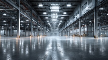 Expansive Empty Warehouse Interior with Shiny Concrete Floor and Ample Space for Storage and Logistics