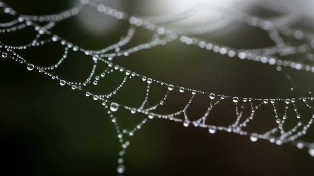 Spider web with dew drops close up in morning light
