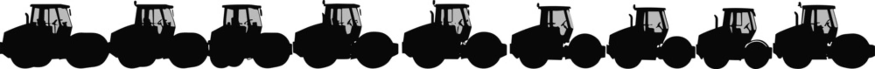 Full Black Silhouette of Construction Equipment Roller Tractor Set, Various Angles, Heavy Duty Machinery, Perfect for Industrial and Engineering Projects, Adobe Stock Vector Illustration