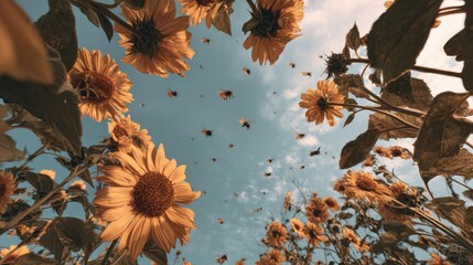 Sunflowers and flying bees under summer sky
