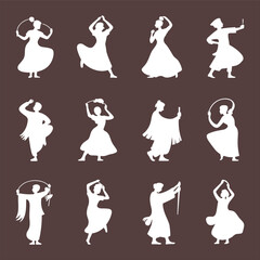 Traditional dance silhouettes, folk dancers in motion, cultural heritage dance, ethnic costumes, expressive dance poses, celebration of culture, graceful movement, performing arts, festive dancers, si