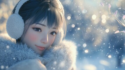 Winter Wonderland: A serene portrait of a young woman enjoying a snowy day.