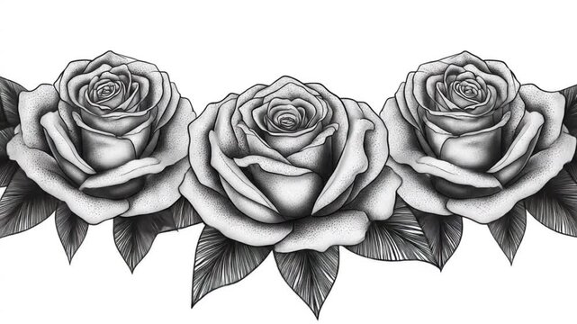 Ornate black and white rose design with delicate leaves, perfect for a tattoo or decorative piece.