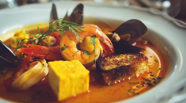 Savory Seafood Delight: A culinary masterpiece showcasing fresh shrimp, mussels, and other seafood elements in a gourmet plate. Garnished with flavorful herbs and served in a finely crafted dish.