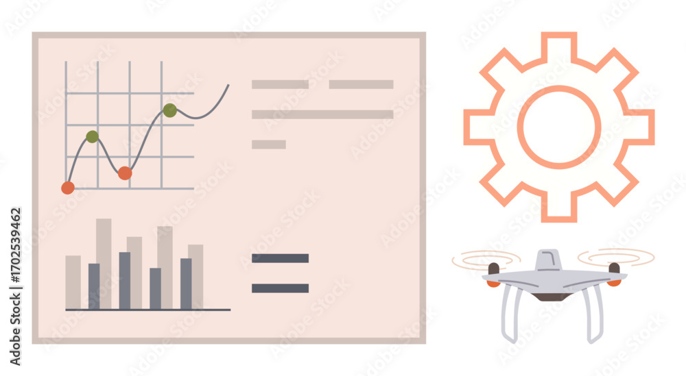 Aufkleber graphs and data charts with gear symbol and flying quadcopter. ideal for technology, analytics, auto