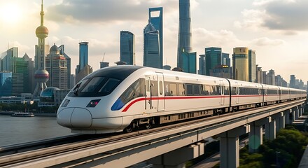 Naklejka premium Modern high-speed train travels through urban cityscape, transportation concept.
