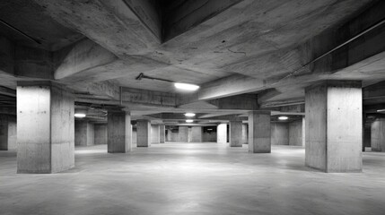 Monochromatic Interior of a Concrete Parking Garage Featuring Structural Columns and Overhead Lighting