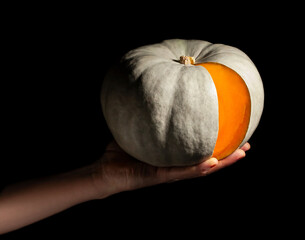 sliced grey pumpkin in hand on black background