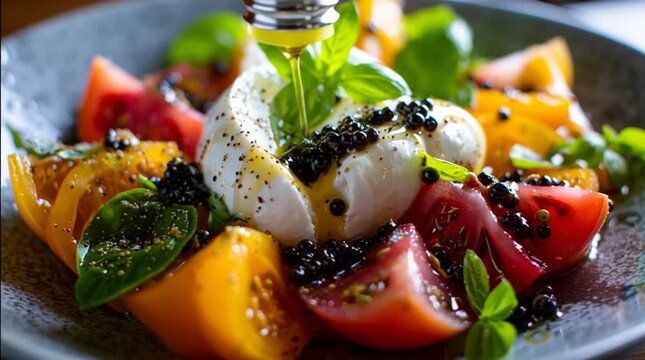 Tomato and Burrata Salad: A vibrant culinary scene featuring fresh tomatoes and creamy burrata cheese, enhanced with drizzled olive oil and fresh basil leaves, offering a gourmet delight.