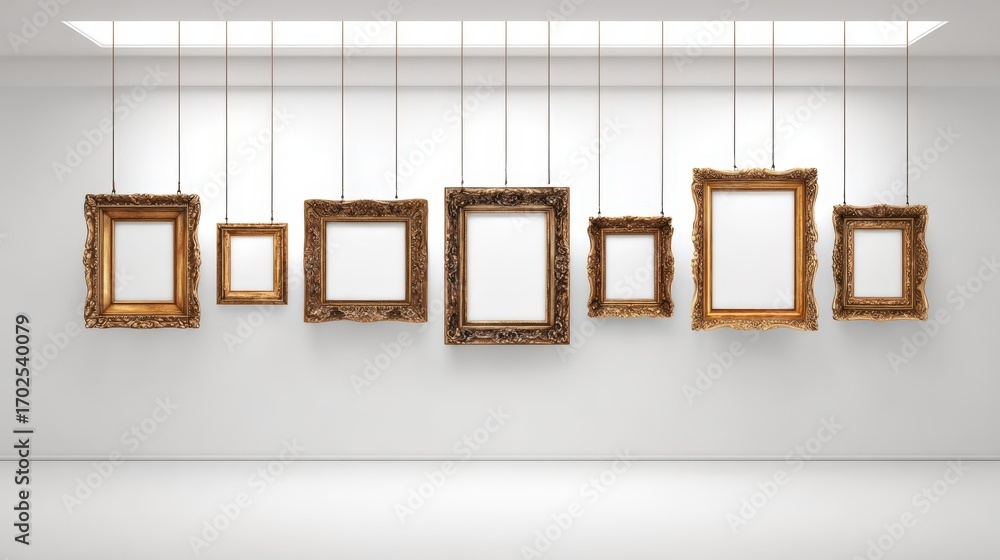 Poster ornate picture frames suspended in a white gallery setting offering customizable art placement and e