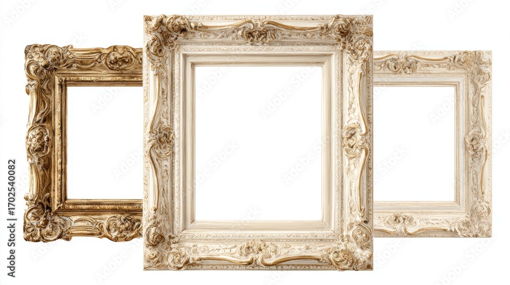 Poster set of three ornate picture frames with empty white centers on a seamless background