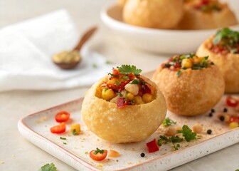 Close up spicy filled fuchka pani puri soft beige