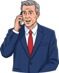 Businessman talking on mobile phone, senior executive in suit with red tie, professional communication, corporate conversation illustration vector art.