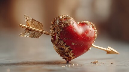 Decorative red heart with golden arrow in close-up at a soft focus background