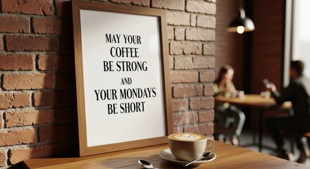 Coffee shop decor with motivational quote about strong coffee and short Mondays in a cozy setting