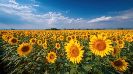 Obraz premium Vast sunflower field under dramatic summer sky 