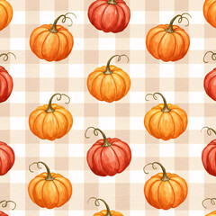 Seamless pattern of watercolor pumpkins on a beige checkered background, perfect for autumn and thanksgiving designs