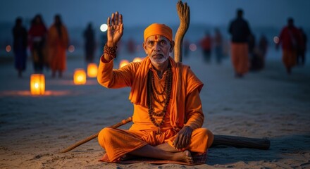 Elderly asian male sage in orange robe meditating outdoors at dusk