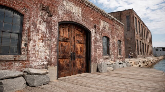 Dilapidated Red Brick Warehouse with Wooden Doors, Situated on a Waterfront Pier on a Sunny Day