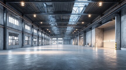 Spacious Industrial Warehouse Interior with Concrete Floors and High Ceilings, Ideal for Logistics and Storage