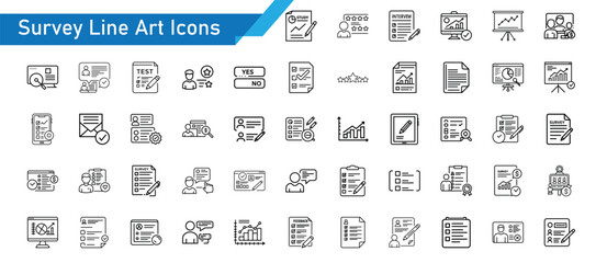 Survey Line Art Icons Set - 50 Feedback, Questionnaire, Poll, Research, and Data Collection Vector Symbol