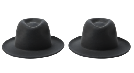 Two classic black felt fedora hats with elegant wide brims and a timeless design, perfectly matching and presented on a crisp white background, ideal for fashion, accessory, and style-focused visuals