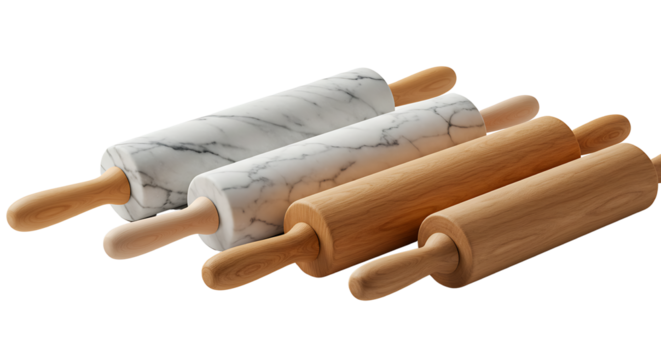 Set of four rolling pins, two marble and two wooden, on a white background, perfect for baking and pastry creation