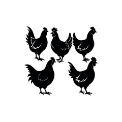Five silhouette chickens showcasing diverse poses and feather patterns in black and white