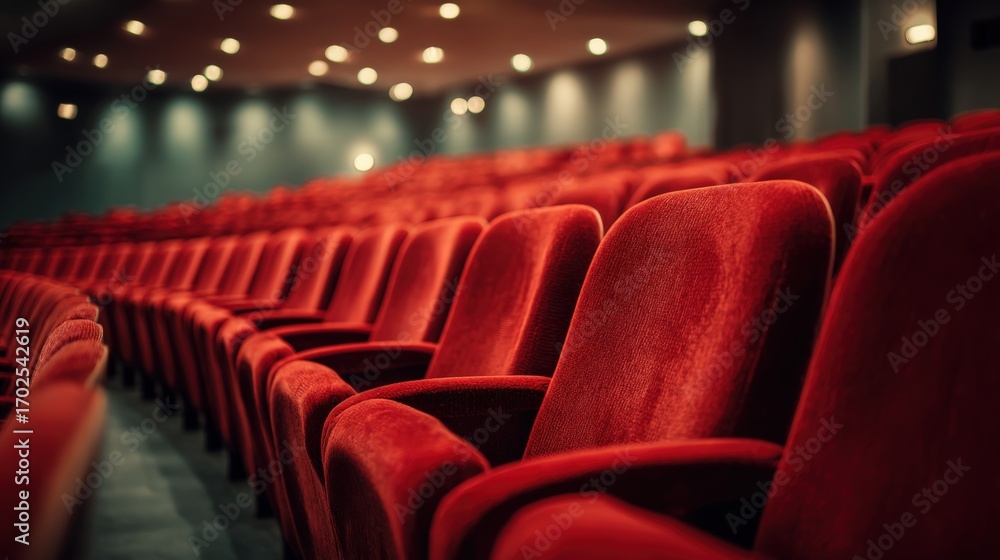 Poster empty theater with plush red seating ready for a performance or cinema showing