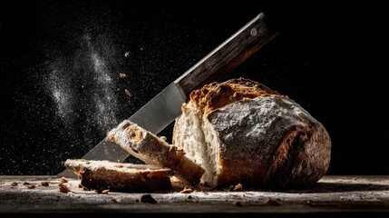 Crusty Artisan Bread Loaf Being Sliced Dramatically
