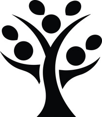 Abstract family tree icon featuring human figures and round leaves on transparent backdrop