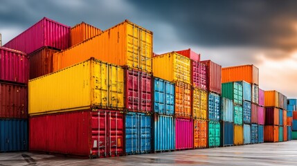 Fototapeta premium Stack of Colorful Cargo Containers at a Shipping Port Terminal Under Dramatic Sky