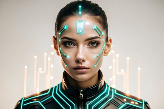 Futuristic portrait of a beautiful woman with glowing cybernetic circuits integrated into her face and clothing.