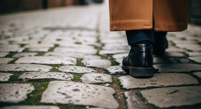 Close-up of person walking on cobblestone street in brown coat and black shoes