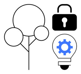 Abstract tree next to padlock and gear within a lightbulb. Ideal for technology, security, innovation, data, sustainability, creativity, and problem-solving. Simple flat metaphor