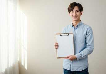 Confident young man proudly presents blank clipboard for your important message or data