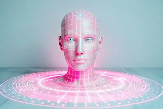 Futuristic concept of an advanced humanoid android head with glowing eyes and a pink holographic interface.